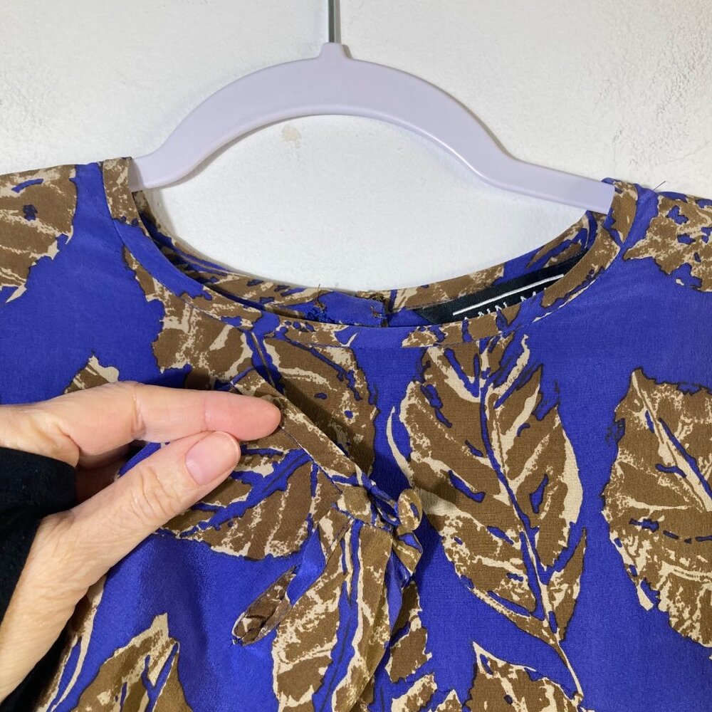 Womens Vintage Ann May Silk Blouse Leaf Pattern Blue Brown M‎ Silk - Picture 3 of 10